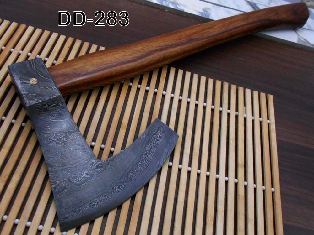 Damascus steel tomahawk Axe bearded hiking battle axe19.5 Inches long Hand Forged with Rose wood round handle, Large 5" cutting edge, Thick cow hide leather sheath