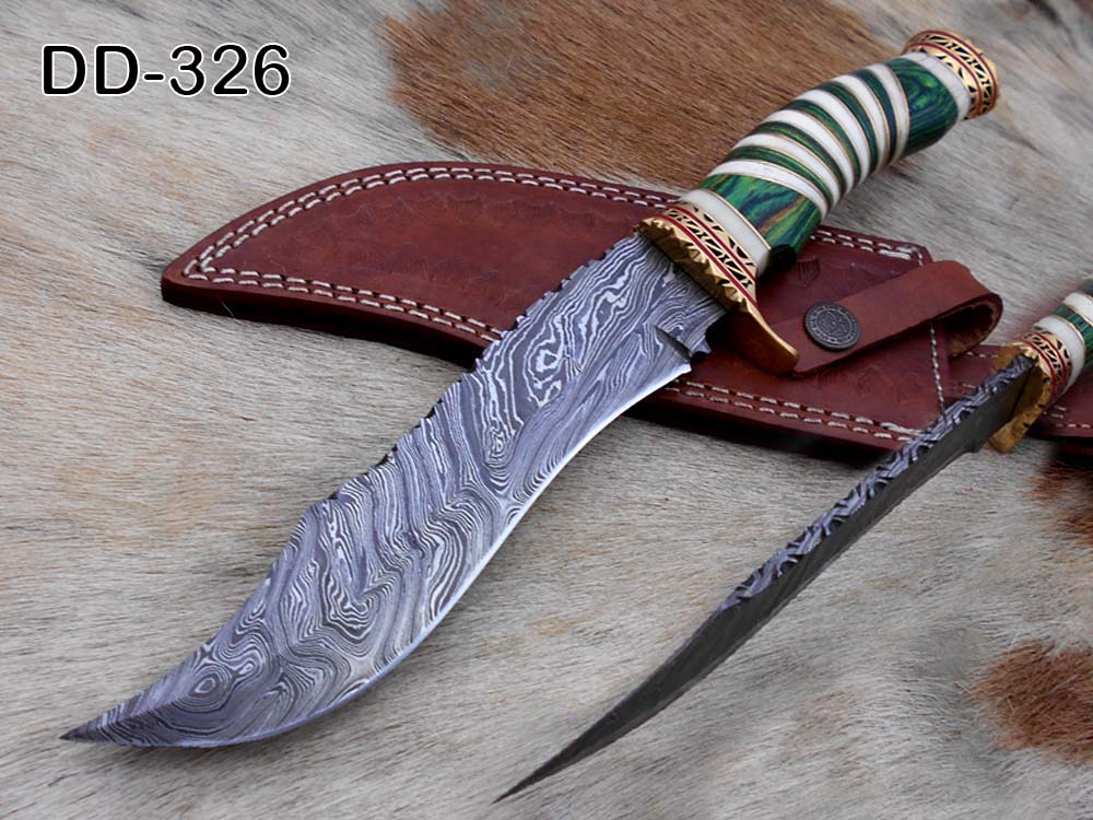 12" Long Damascus steel Hunting Bowie knife hand forged, exotic scale crafted with engraved brass, sliced camel bone and Wood W/brass spacer