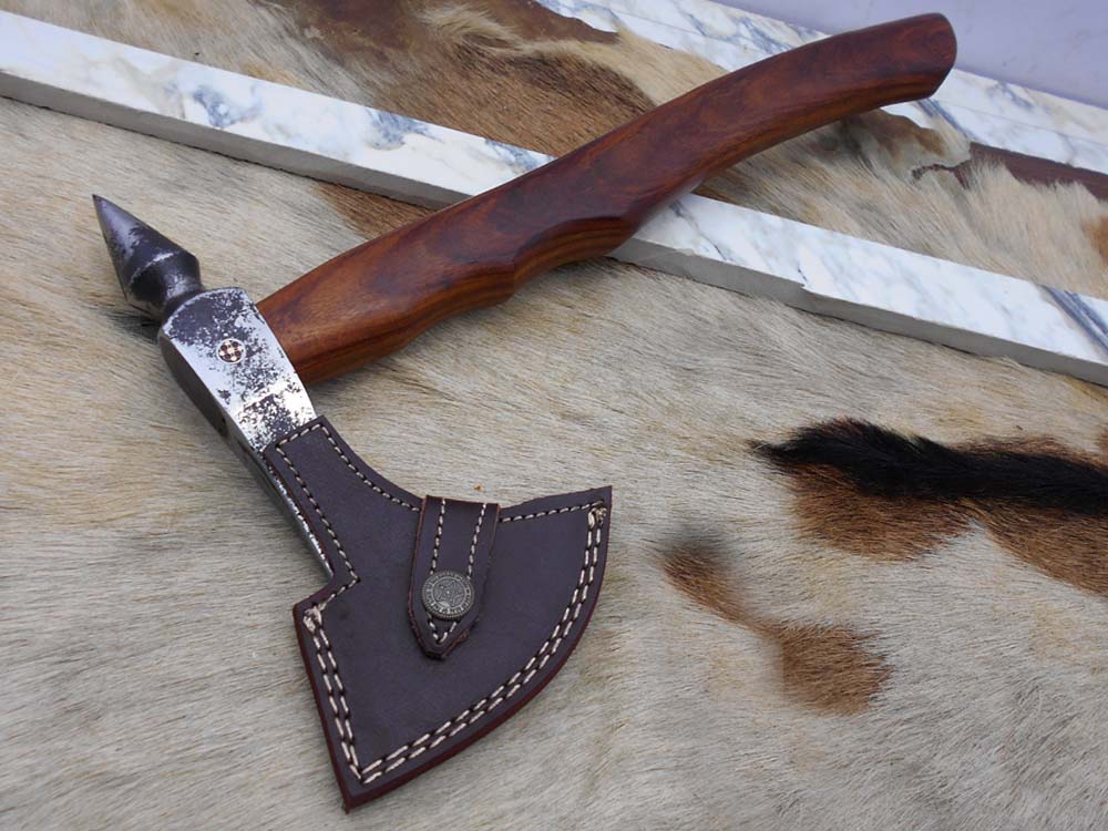 15" long Voyager Axe, High carbon steel Axe, Walnut wood scale, Cow sheath