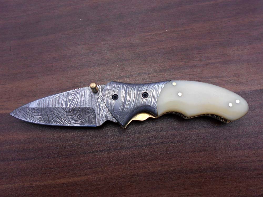 7"long Folding pocket Knife in 3 scale colors, 3" long Hand Forged Damascus steel legal blade, Various scales available, Cow hide leather sheath included