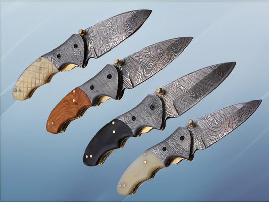 7"long Folding pocket Knife in 3 scale colors, 3" long Hand Forged Damascus steel legal blade, Various scales available, Cow hide leather sheath included