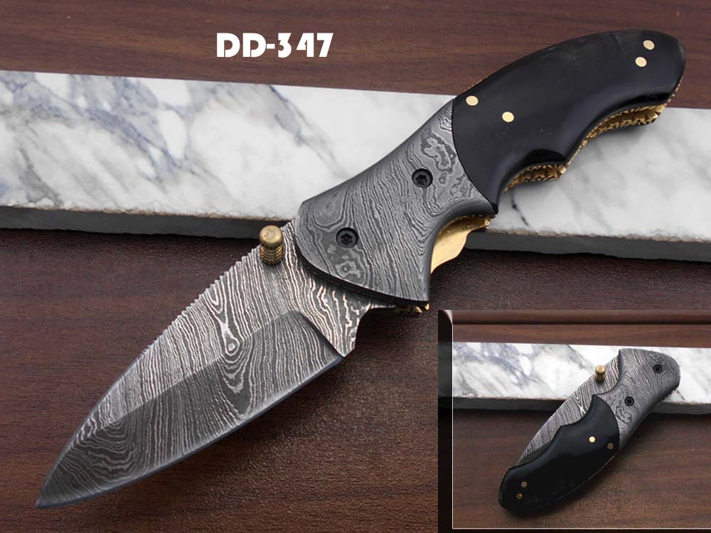 7"long Folding pocket Knife in 3 scale colors, 3" long Hand Forged Damascus steel legal blade, Various scales available, Cow hide leather sheath included