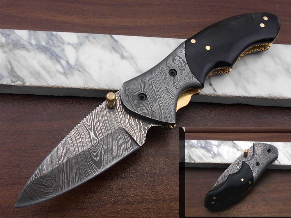 7"long Folding pocket Knife in 3 scale colors, 3" long Hand Forged Damascus steel legal blade, Various scales available, Cow hide leather sheath included