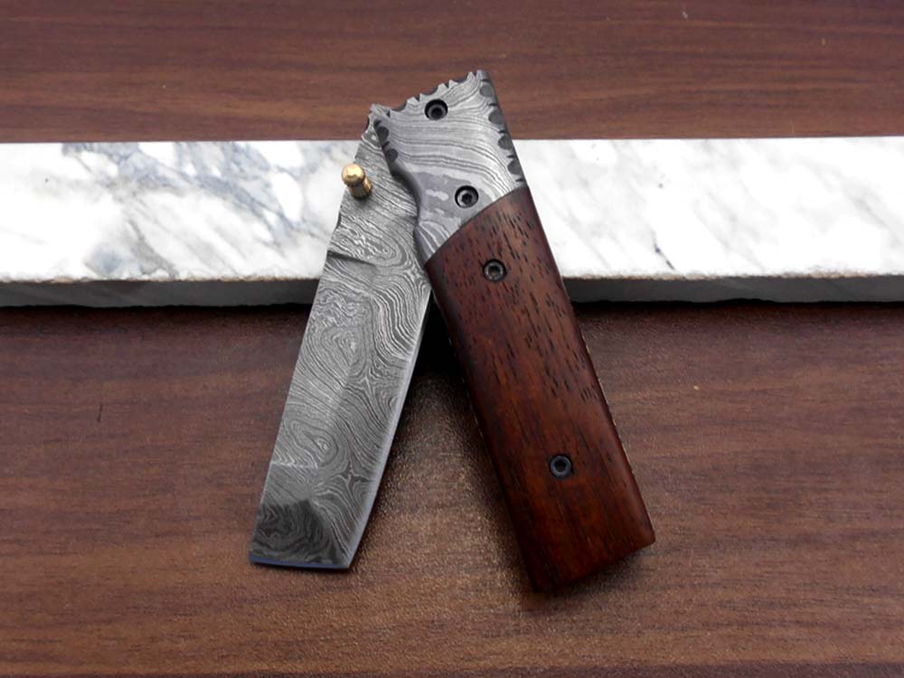 7.5" long Damascus steel Tanto blade folding knife, 6 natural scale with Damascus bolster,  cow leather sheath W/ belt loop included