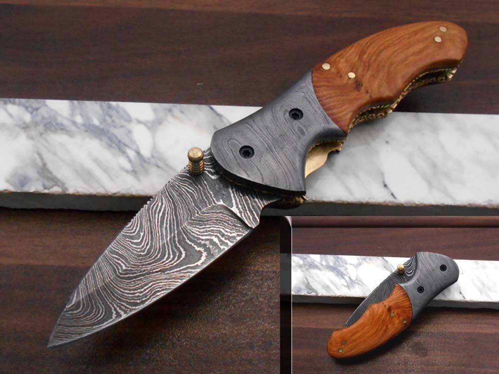 7"long Folding pocket Knife in 3 scale colors, 3" long Hand Forged Damascus steel legal blade, Various scales available, Cow hide leather sheath included