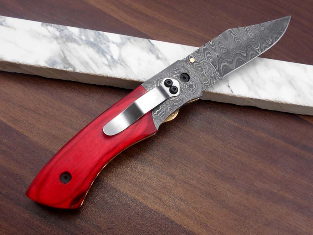 8.5" long hand forged custom made Damascus steel pocket clip folding knife, available in 4 scales options with Damascus Bolster, Comes with Cow hide leather sheath