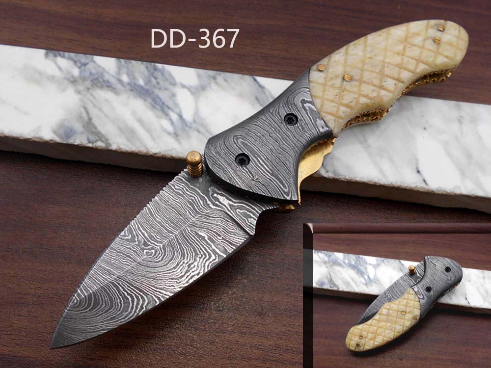 7"long Folding pocket Knife in 3 scale colors, 3" long Hand Forged Damascus steel legal blade, Various scales available, Cow hide leather sheath included