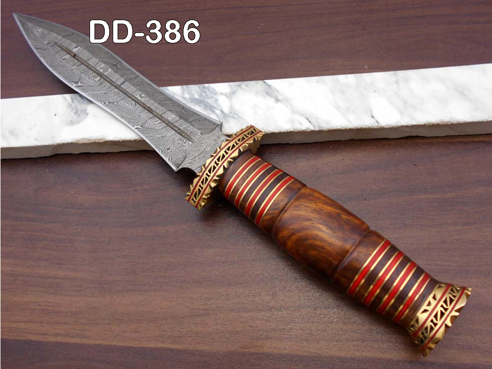 13" Long Damascus Dagger hand forged Knife 7" dual cutting edge exotic Rose wood scale crafted with engraved brass & fiber spacing, sheath
