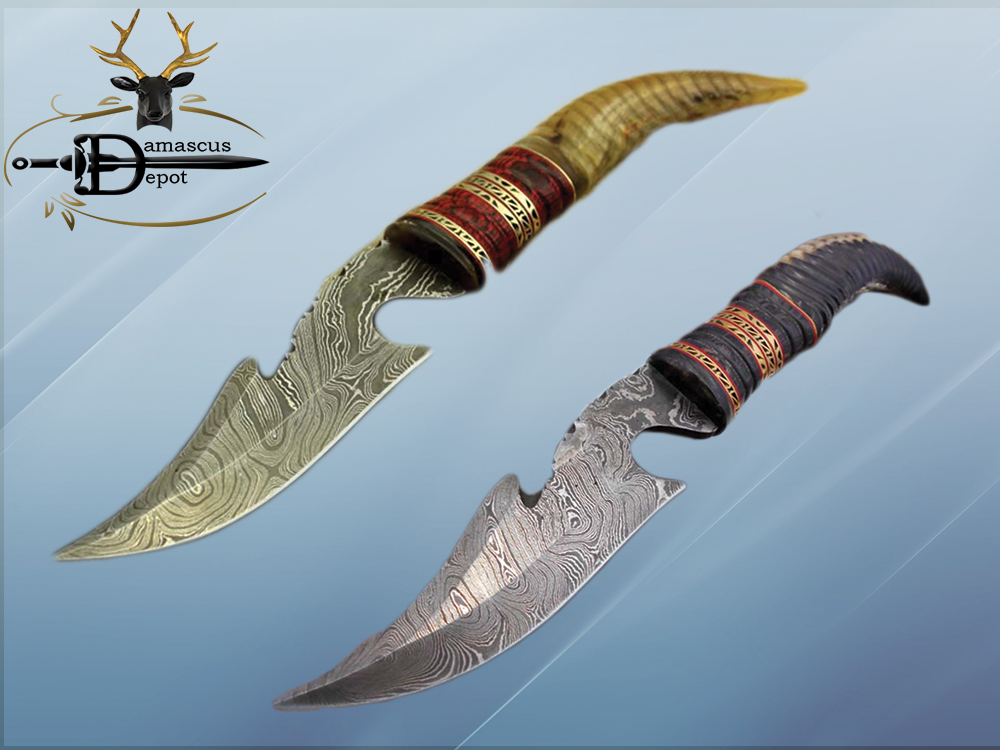 13" Long hand forged Damascus steel gut hook Skinning Knife, Custom made Round engraved jigged scale Crafted with engraved Brass spacer, Cow hide Leather sheath