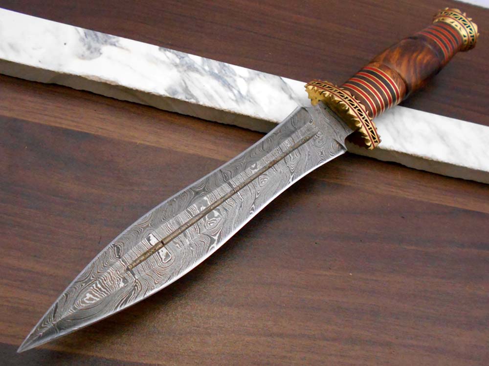 13 Inches long custom made Hand Forged Damascus Steel dagger Knife With 9" blade, exotic engraved brass scale cow leather sheath