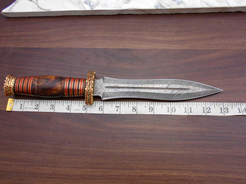 13 Inches long custom made Hand Forged Damascus Steel dagger Knife With 9" blade, exotic engraved brass scale cow leather sheath