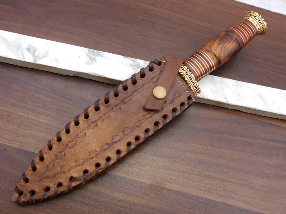 13 Inches long custom made Hand Forged Damascus Steel dagger Knife With 9" blade, exotic engraved brass scale cow leather sheath