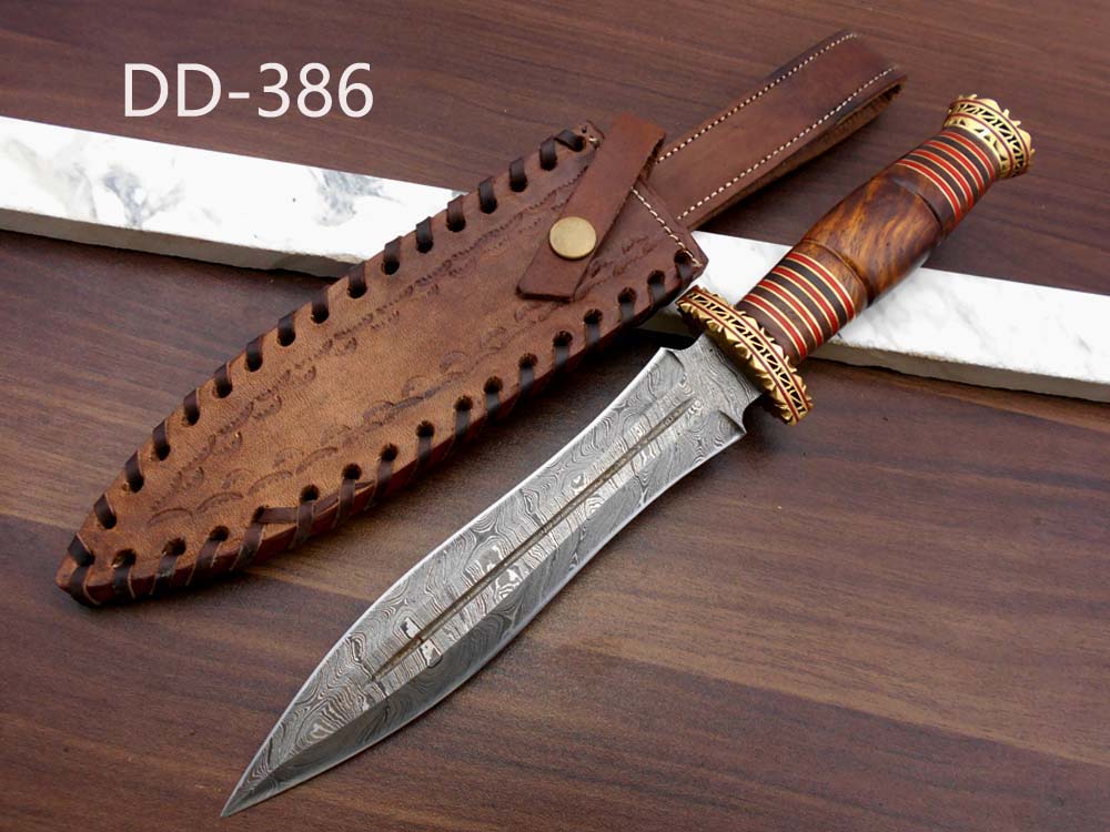 13 Inches long custom made Hand Forged Damascus Steel dagger Knife With 9" blade, exotic engraved brass scale cow leather sheath