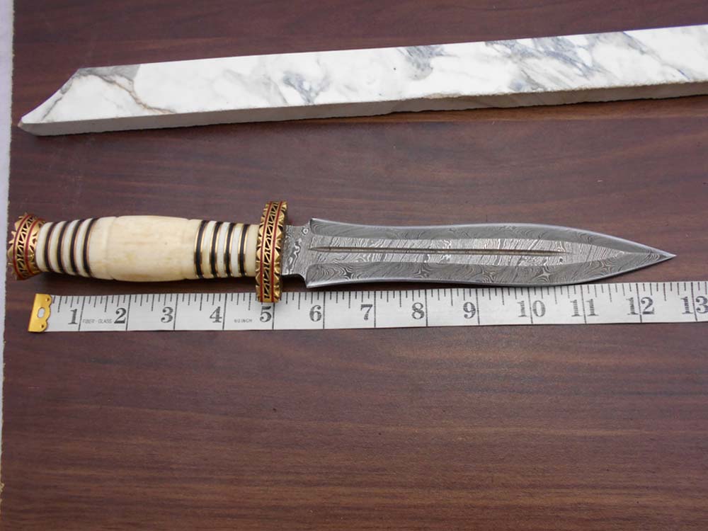 13 Inches long custom made Hand Forged Damascus Steel dagger Knife With 9" blade, exotic engraved brass scale cow leather sheath