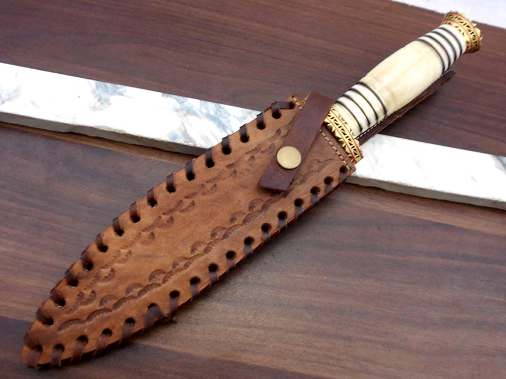 13 Inches long custom made Hand Forged Damascus Steel dagger Knife With 9" blade, exotic engraved brass scale cow leather sheath