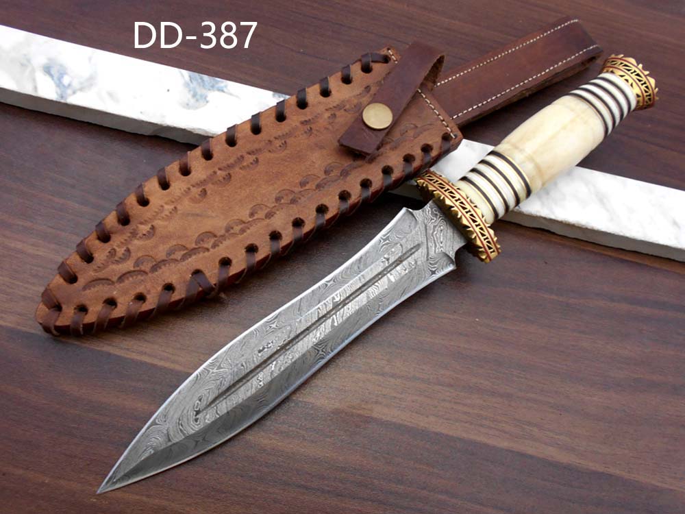 13 Inches long custom made Hand Forged Damascus Steel dagger Knife With 9" blade, exotic engraved brass scale cow leather sheath