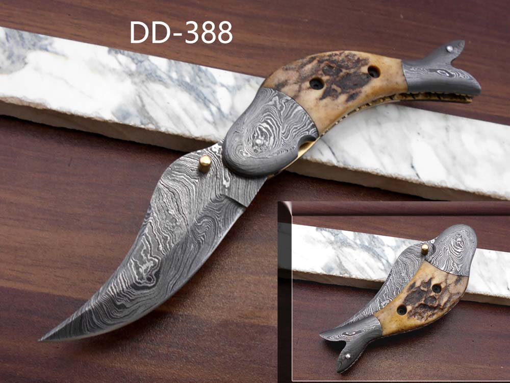 Fish shape 8" folding pocket knife available in 3 natural scales,  Cow leather sheath included