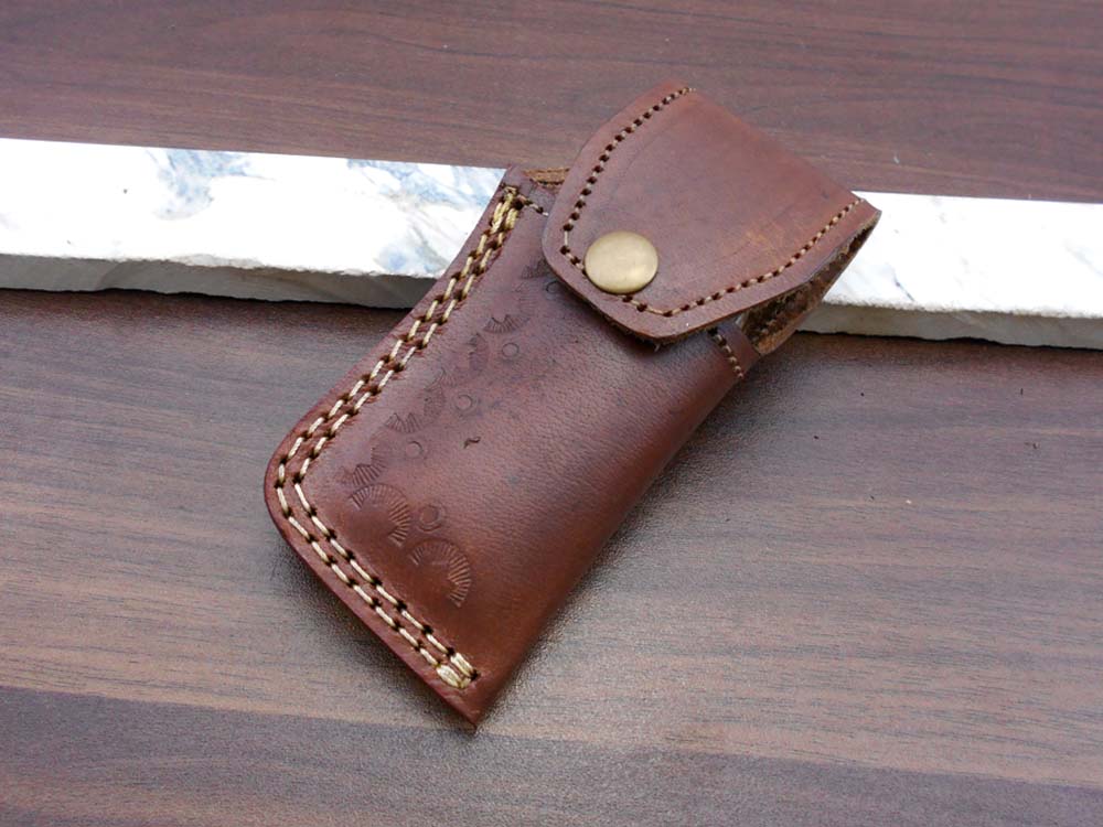 Fish shape 8" folding pocket knife available in 3 natural scales,  Cow leather sheath included