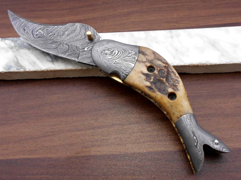 Fish shape 8" folding pocket knife available in 3 natural scales,  Cow leather sheath included