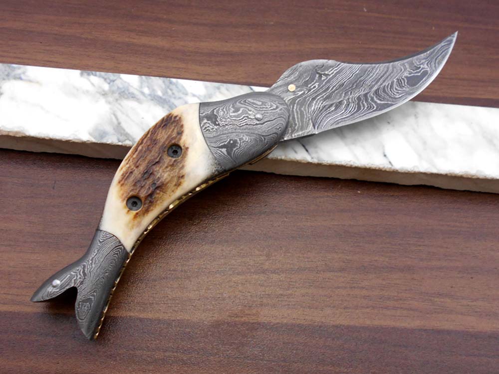 Fish shape 8" folding pocket knife available in 3 natural scales,  Cow leather sheath included