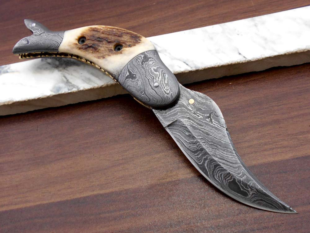 Fish shape 8" folding pocket knife available in 3 natural scales,  Cow leather sheath included