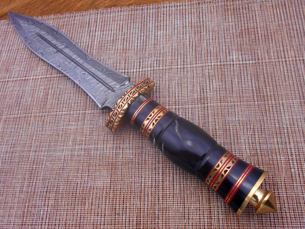 13 Inches long custom made Hand Forged Damascus Steel dagger Knife With 9" blade, exotic engraved brass scale cow leather sheath