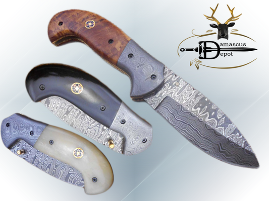 Hand forged twist pattern Damascus steel 7.5" folding knife, Available in 3 scales options with Bolster, Pocket knife Equipped with Brass liner lock & thumb knob, Cow Hide Leather sheath