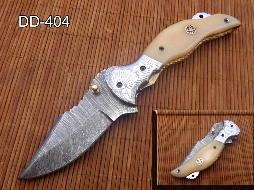 7.5" folding Damascus steel knife, liner lock, thumb knob, Cow Leather sheath