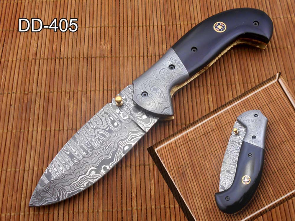 Hand forged twist pattern Damascus steel 7.5" folding knife, Available in 3 scales options with Bolster, Pocket knife Equipped with Brass liner lock & thumb knob, Cow Hide Leather sheath