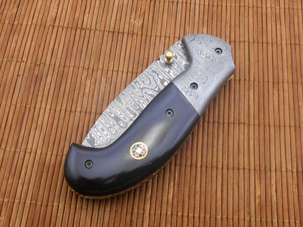 Hand forged twist pattern Damascus steel 7.5" folding knife, Available in 3 scales options with Bolster, Pocket knife Equipped with Brass liner lock & thumb knob, Cow Hide Leather sheath