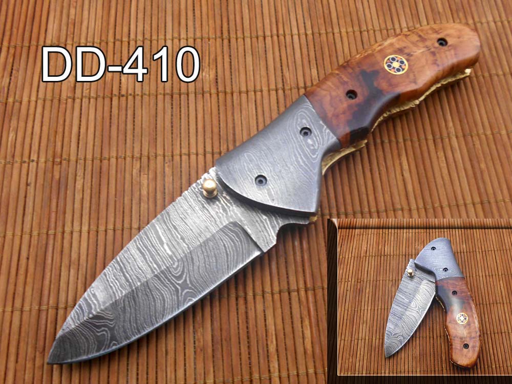 7"long Folding pocket Knife in 3 scale colors, 3" long Hand Forged Damascus steel legal blade, Various scales available, Cow hide leather sheath included