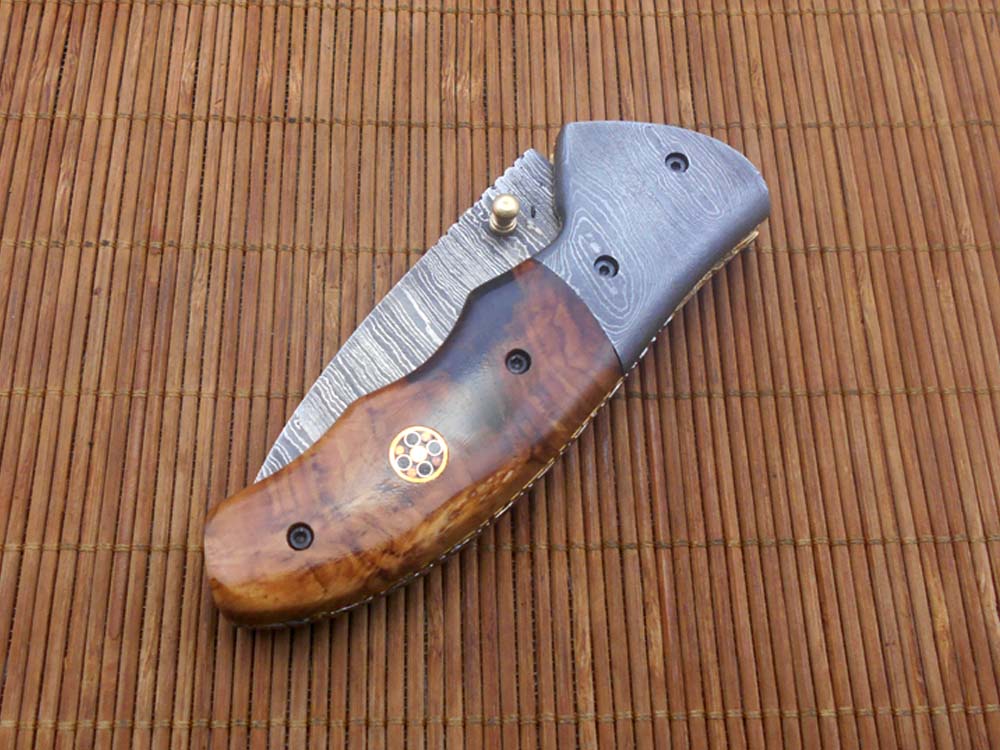 7"long Folding pocket Knife in 3 scale colors, 3" long Hand Forged Damascus steel legal blade, Various scales available, Cow hide leather sheath included