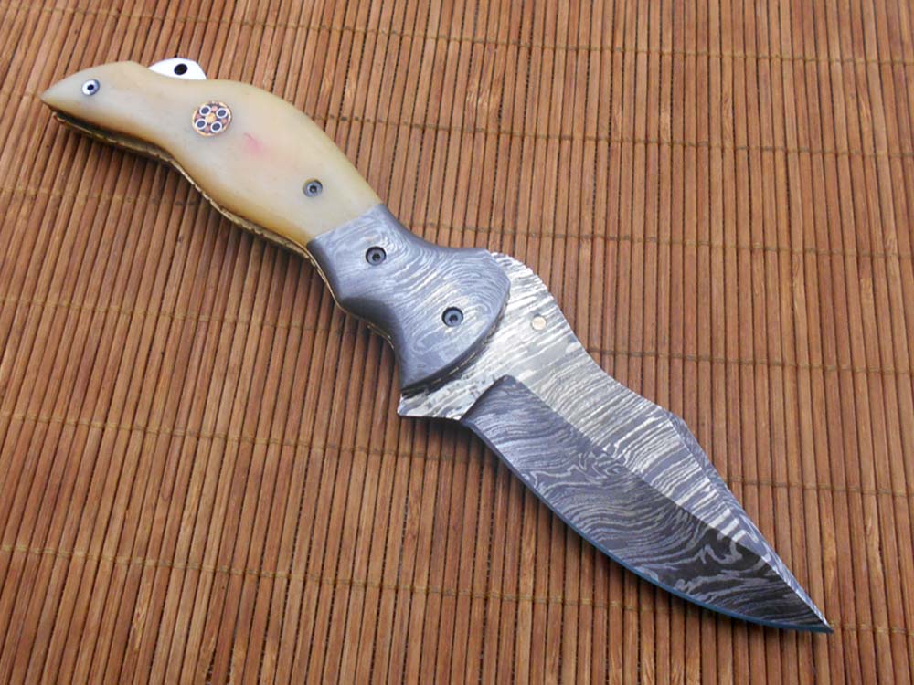 7.5" folding Damascus steel knife, liner lock, thumb knob, Cow Leather sheath