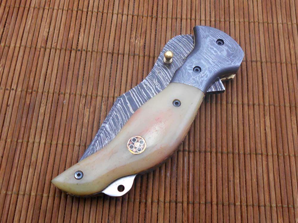 7.5" folding Damascus steel knife, liner lock, thumb knob, Cow Leather sheath