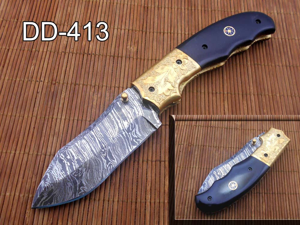 8" Damascus steel folding pocket knife with plant Engraved on brass bolster, White & black colors scale, included leather sheath