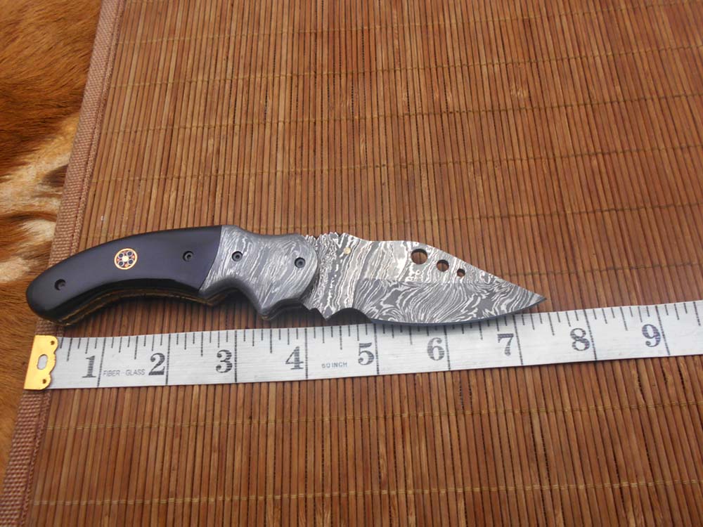 7.5" Folding Knife, 3.5" Hand Forged Twist Pattern Damascus Steel Blade with 3 Holes, Available in 3 Scale colors Pocket Knife, Liner Lock & Thumb knob Equipped, Cow Hide Leather Sheath included