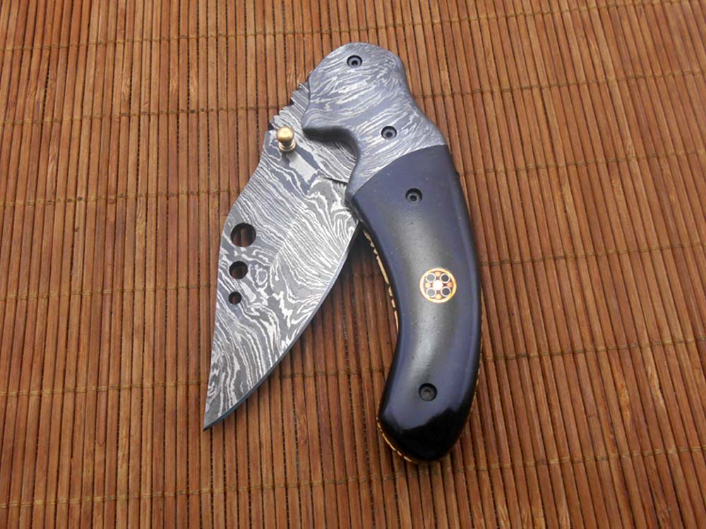 7.5" Folding Knife, 3.5" Hand Forged Twist Pattern Damascus Steel Blade with 3 Holes, Available in 3 Scale colors Pocket Knife, Liner Lock & Thumb knob Equipped, Cow Hide Leather Sheath included