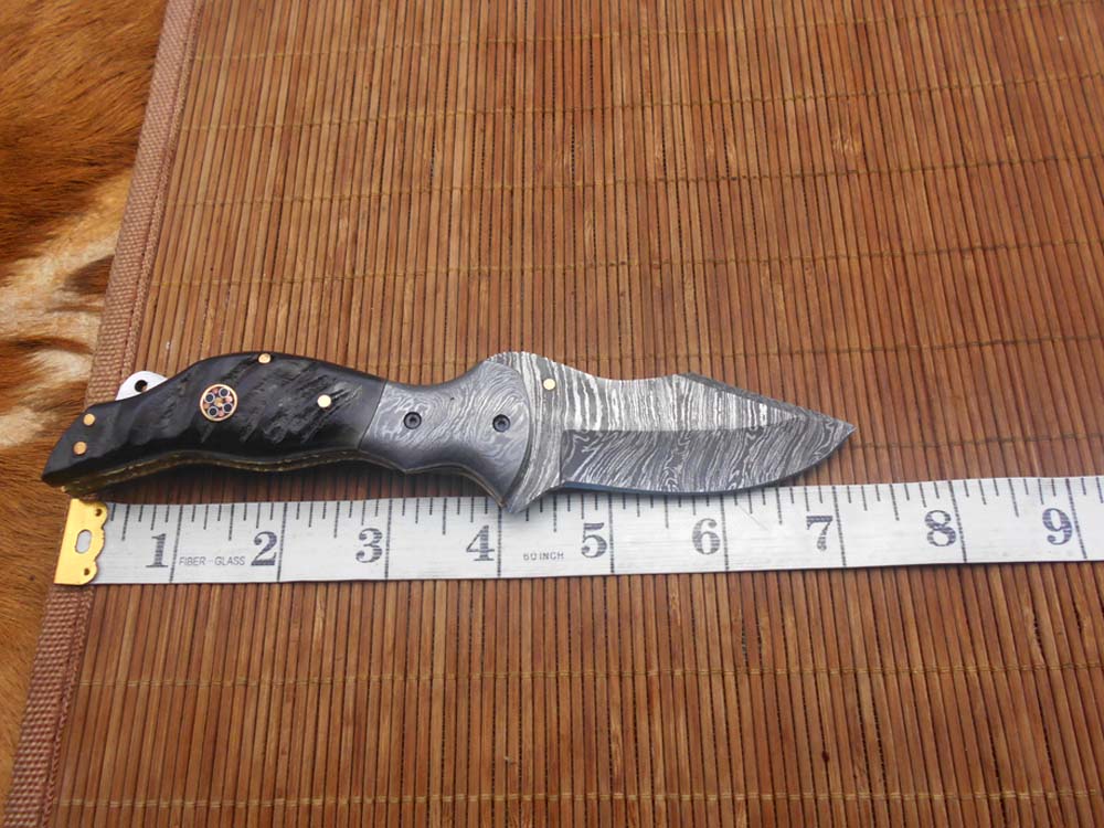 7.5" folding Damascus steel knife, liner lock, thumb knob, Cow Leather sheath