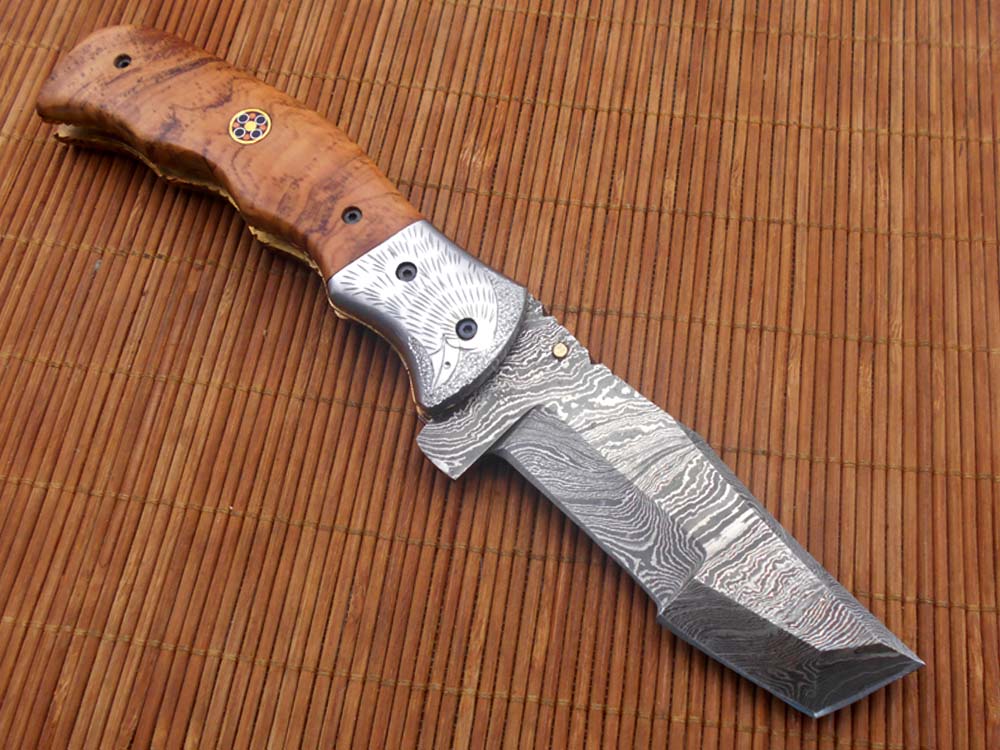 Folding knife Tracker blade knife with Engraved bird on steel bolster, 8" Hand forged Damascus steel, Available in 3 scales, Equipped with Brass Liner lock, Cow hide Leather sheath with belt loop
