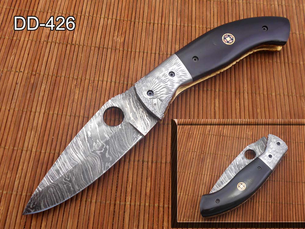 8" folding knife Damascus steel Engraved bird, liner lock, Horn & Bone scale