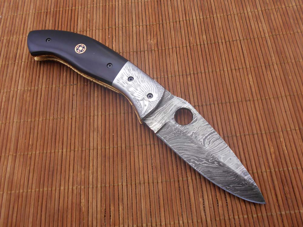 8" folding knife Damascus steel Engraved bird, liner lock, Horn & Bone scale