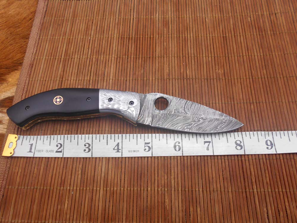 8" folding knife Damascus steel Engraved bird, liner lock, Horn & Bone scale