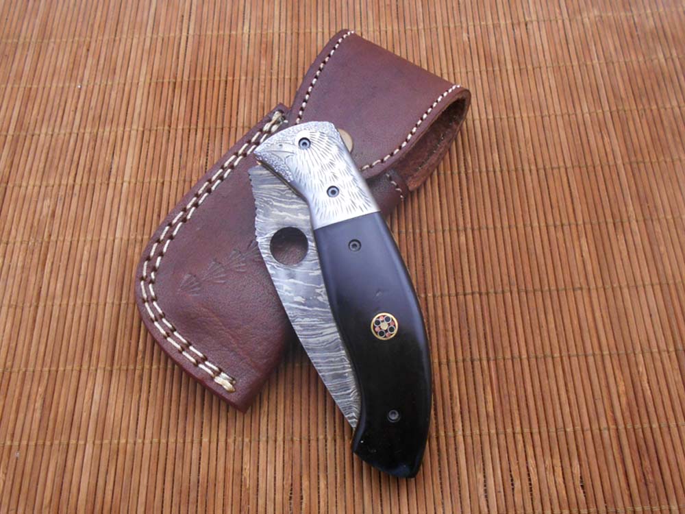 8" folding knife Damascus steel Engraved bird, liner lock, Horn & Bone scale