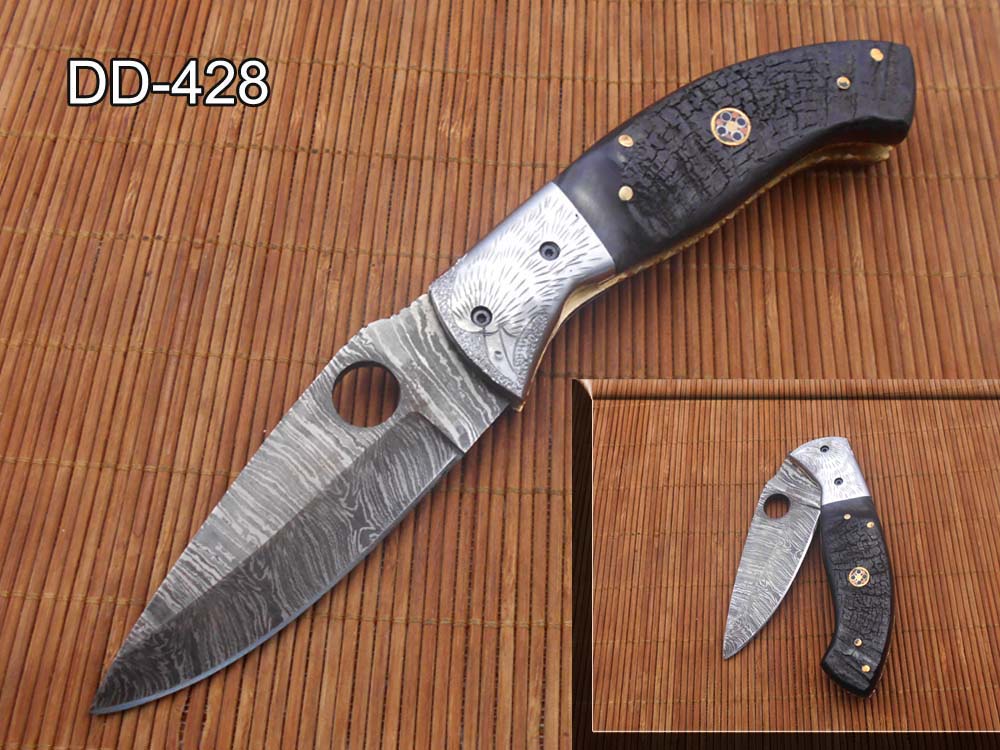 8" folding knife Damascus steel Engraved bird, liner lock, Horn & Bone scale