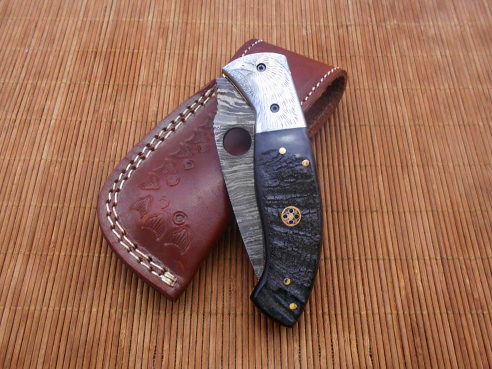 8" folding knife Damascus steel Engraved bird, liner lock, Horn & Bone scale