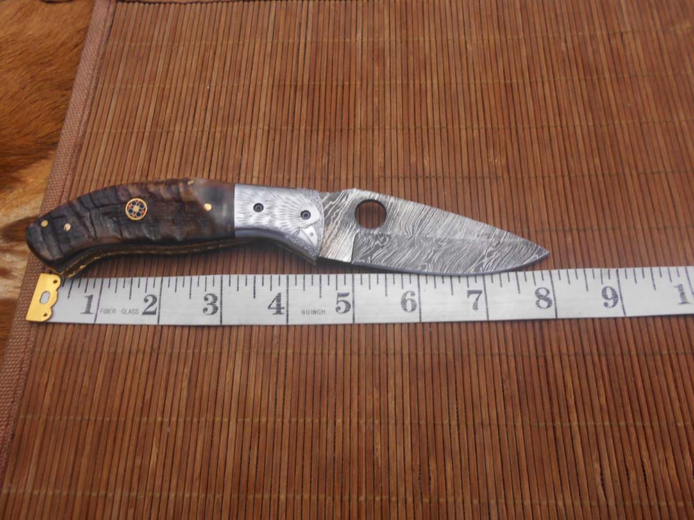 8" folding knife Damascus steel Engraved bird, liner lock, Horn & Bone scale