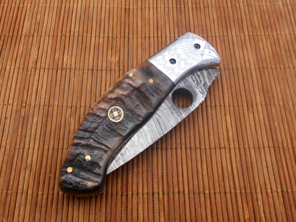 8" folding knife Damascus steel Engraved bird, liner lock, Horn & Bone scale