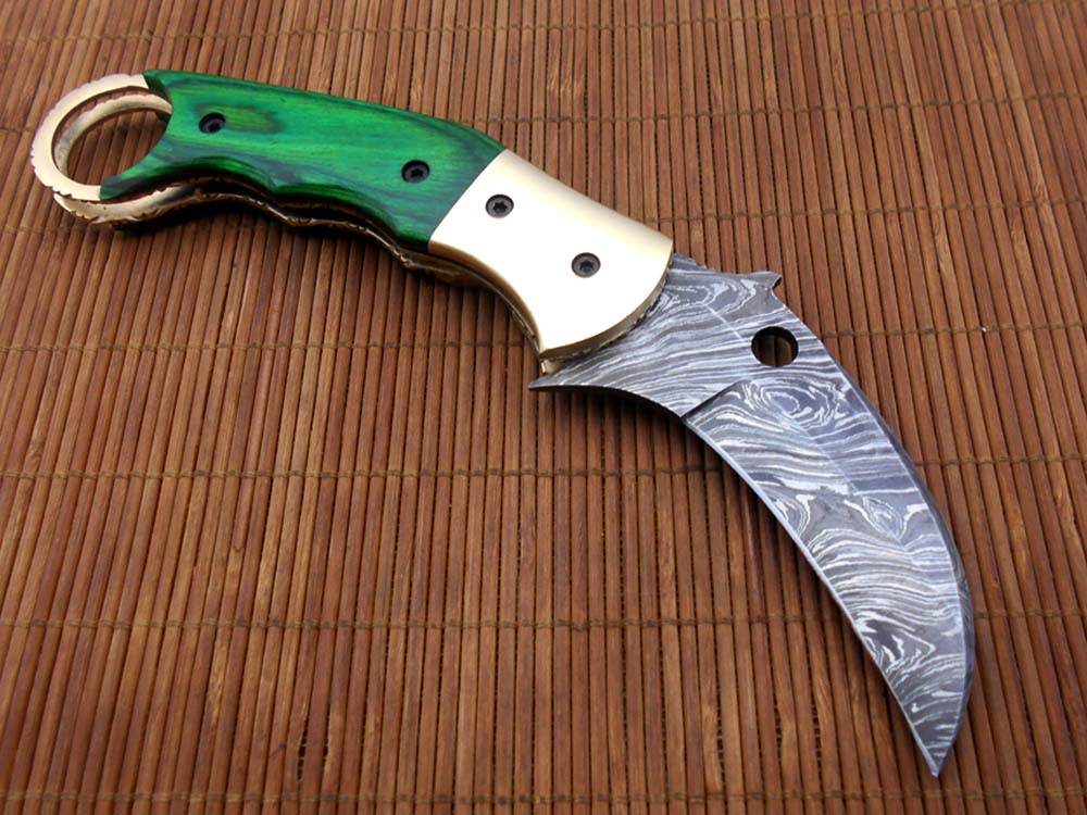 7.5" Damascus steel Karambit folding knife, Black, white and green colors scales with finger hole, Cow Leather sheath included