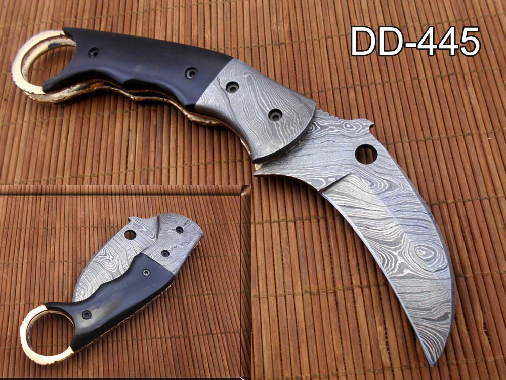 7.5" Damascus steel Karambit folding knife, Black, white and green colors scales with finger hole, Cow Leather sheath included