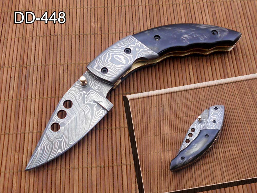 Damascus steel 7" long Folding Knife, Available in 3 scales with bolster, 3" Hand Forged legal blade with 3 inserting holes, Cow hide leather sheath included